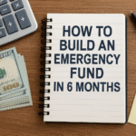 Realistic photo showing emergency fund planning with a notebook, cash, calculator, and the title How to Build an Emergency Fund in 6 Months.